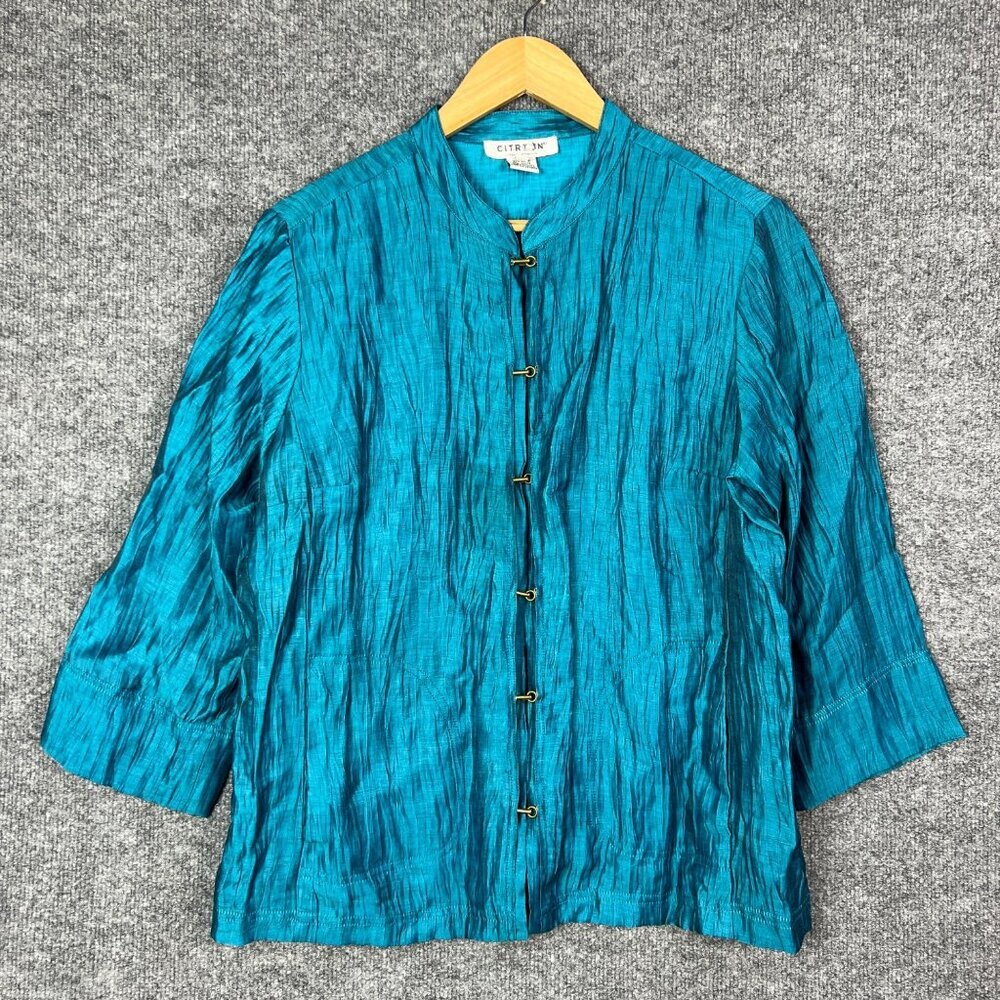Citron Santa Monica Sz PL Linen Blend Blazer Tunic Top Crinkle Blue Blouse